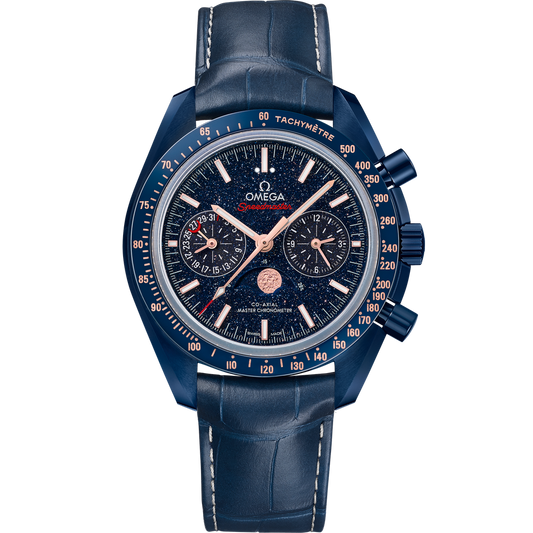 SPEEDMASTER MOONPHASE 44.25 MM, BLUE CERAMIC ON LEATHER STRAP