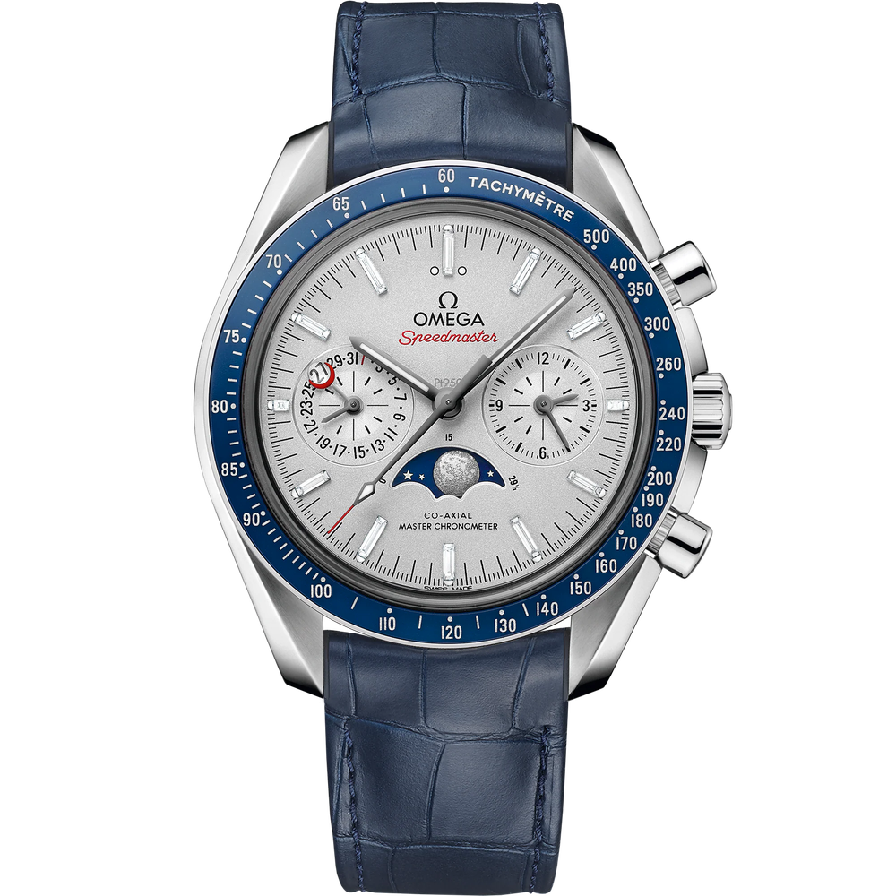 SPEEDMASTER MOONPHASE 44.25 MM, PLATINUM ON LEATHER STRAP