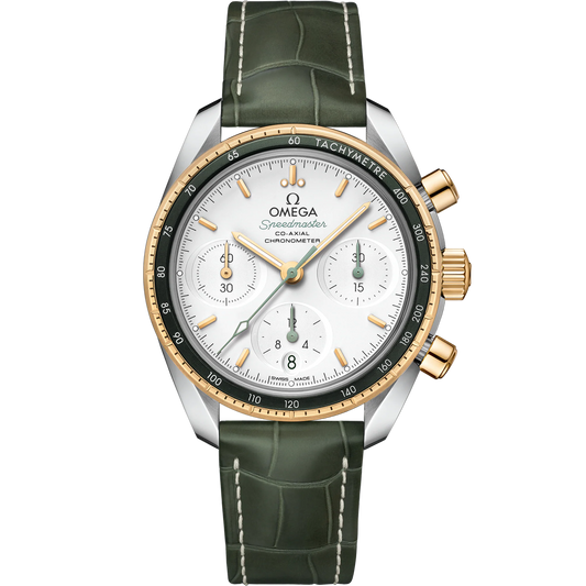 SPEEDMASTER 38 MM, STEEL - YELLOW GOLD ON LEATHER STRAP