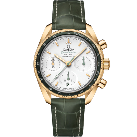 SPEEDMASTER 38 MM, YELLOW GOLD ON LEATHER STRAP