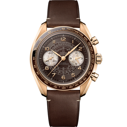SPEEDMASTER CHRONOSCOPE 43 MM, BRONZE GOLD ON LEATHER STRAP