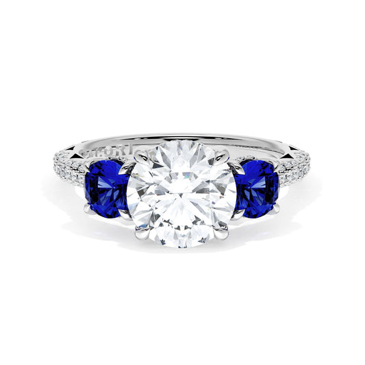 Round 3-Stone Engagement Ring in Blue Sapphire