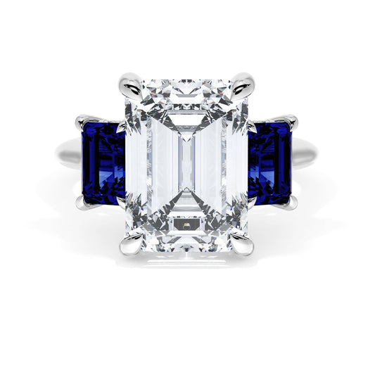 Emerald 3-Stone Engagement Ring in Blue Sapphire
