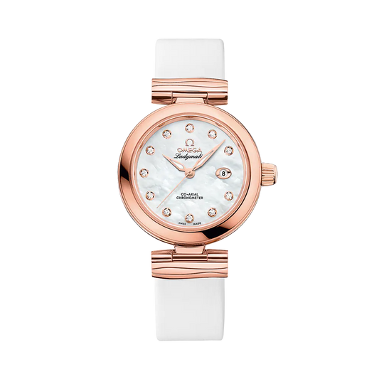 DE VILLE LADYMATIC 34 MM, SEDNA™ GOLD ON LEATHER STRAP