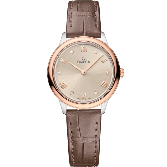 DE VILLE PRESTIGE 27.5 MM, STEEL - SEDNA™ GOLD ON LEATHER STRAP