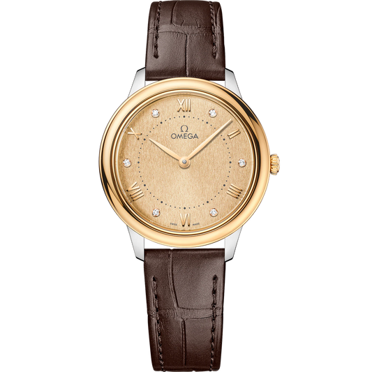 DE VILLE PRESTIGE 30 MM, STEEL - YELLOW GOLD ON LEATHER STRAP