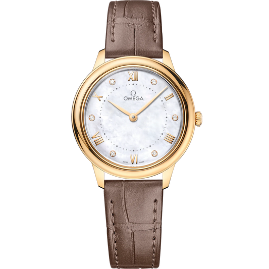 DE VILLE PRESTIGE 30 MM, YELLOW GOLD ON LEATHER STRAP