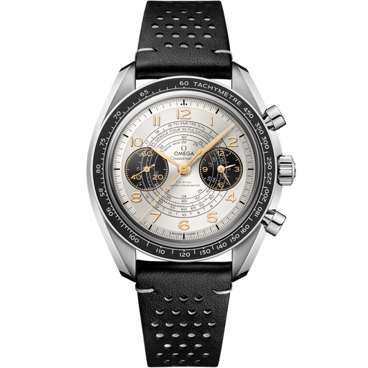 SPEEDMASTER CHRONOSCOPE 43 MM, STEEL ON LEATHER STRAP