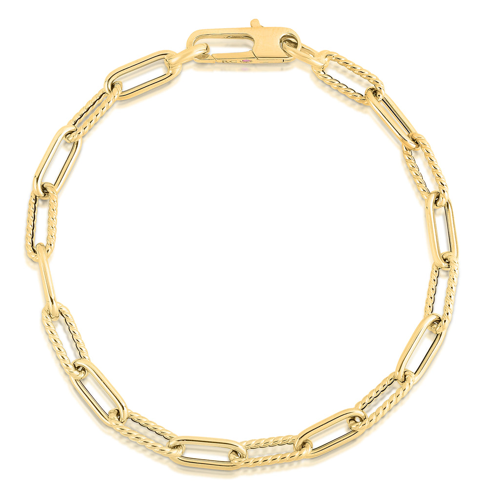 Designer Gold Alternating Polished And Fluted Paperclip Link Bracelet