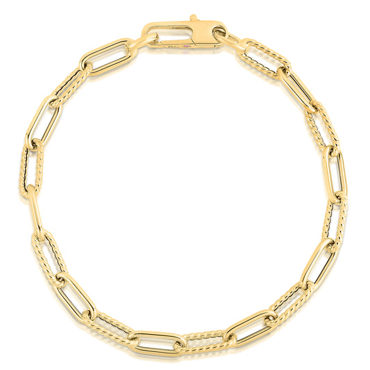 Designer Gold Alternating Polished And Fluted Paperclip Link Bracelet