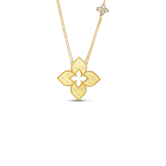 Roberto Coin Venetian Princess Classic Flower Long Necklace Diamond, Satin Finish in 18K yellow gold