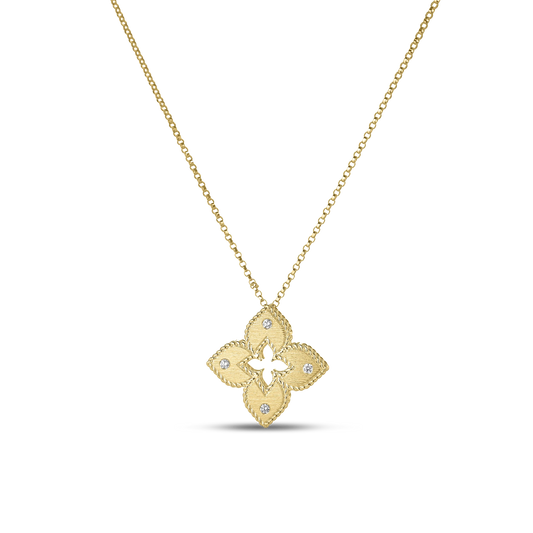 Roberto Coin Venetian Princess Classic Flower Necklace Diamond, Satin Finish in 18K yellow gold