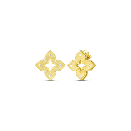 Petite Venetian Princess Diamond And Satin Finish Medium Flower Stud Earrings