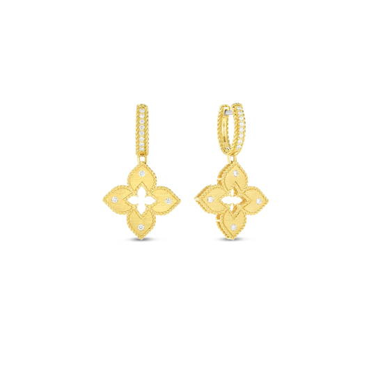 Roberto Coin Venetian Princess Classic Flower Drop Earrings Diamond, Satin Finish in 18K yellow gold