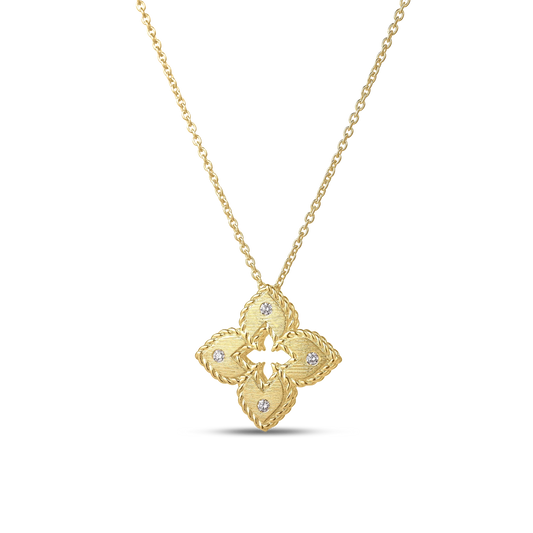Roberto Coin Venetian Princess Small Classic Flower Necklace Diamond, Satin Finish in 18K yellow gold