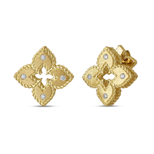 Roberto Coin Venetian Princess Small Classic Flower Stud Earrings Diamond, Satin Finish in 18K yellow gold