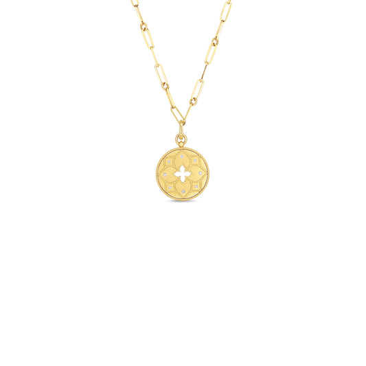 Roberto Coin Venetian Princess Flower Cut Out Medallion Necklace Diamond, Satin Finish in 18K yellow gold