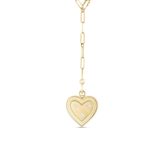Roberto Coin Venetian Princess Heart Medallion Necklace Diamond, Satin Finish, Large in 18K yellow gold