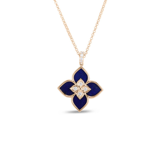 Roberto Coin Venetian Princess Flower Necklace Diamond, Lapis in 18K rose gold