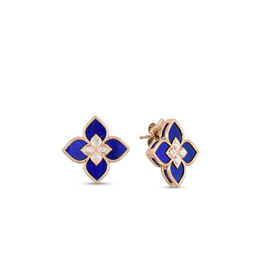Roberto Coin Venetian Princess Flower Stud Earrings Diamond, Lapis in 18K rose gold