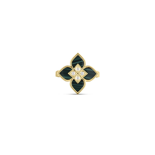 Roberto Coin Venetian Princess Small Flower Ring Diamond, Malachite in 18K yellow gold