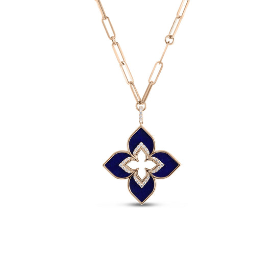 Roberto Coin Venetian Princess Flower Long Necklace Diamond, Lapis in 18K rose gold