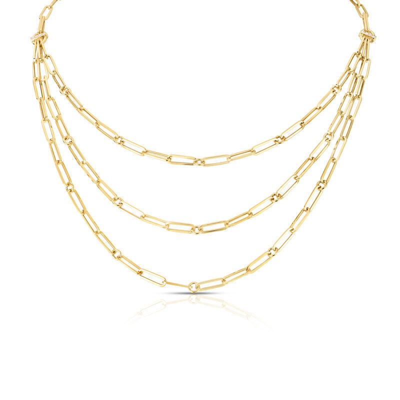 Roberto Coin Designer Gold Triple Strand Paperclip and Round Link Chain Necklace Diamond in 18K yellow gold