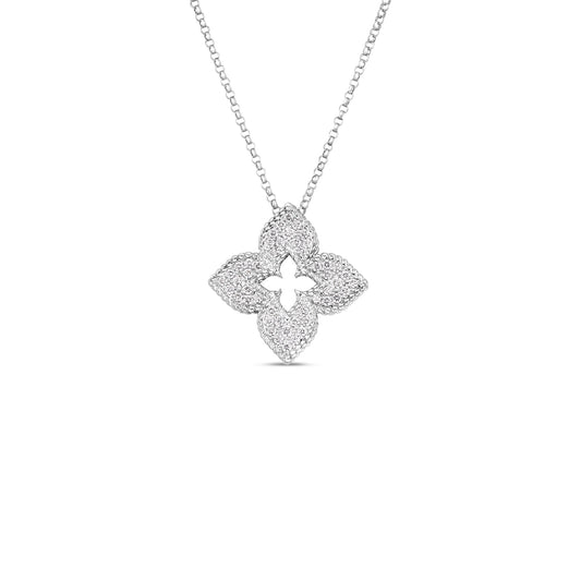 Roberto Coin Venetian Princess Classic Flower Necklace Pavé Diamond in 18K white gold