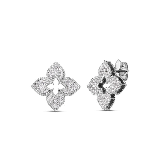 Roberto Coin Venetian Princess Classic Flower Stud Earrings Pavé Diamond in 18K white gold