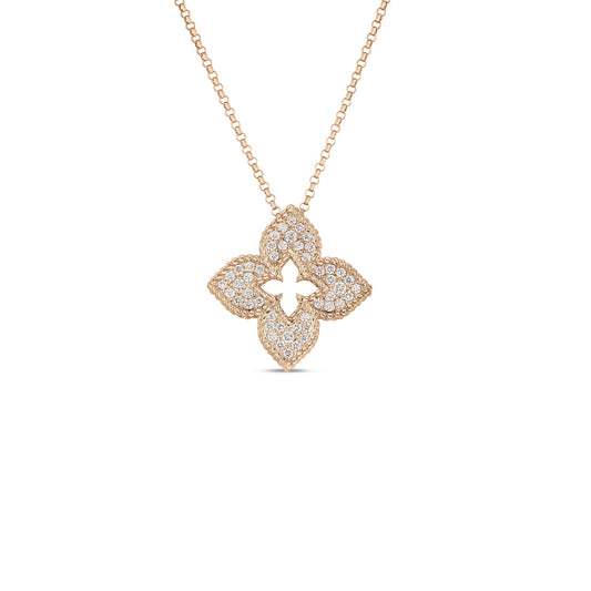Roberto Coin Venetian Princess Classic Flower Necklace Pavé Diamond in 18K rose gold
