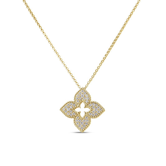 Roberto Coin Venetian Princess Classic Flower Necklace Pavé Diamond in 18K yellow gold