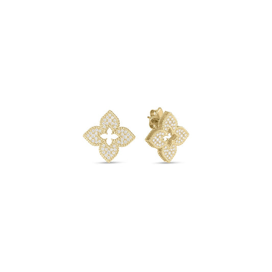 Roberto Coin Venetian Princess Classic Flower Stud Earrings Pavé Diamond in 18K yellow gold