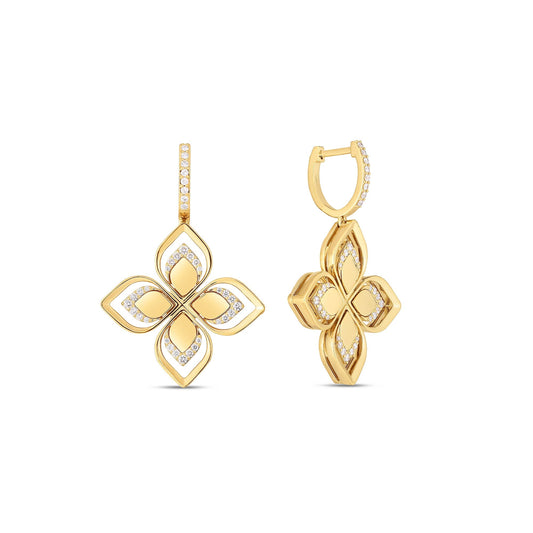 Roberto Coin Venetian Princess Open Frame Flower Drop Earrings Diamond in 18K yellow gold, side view