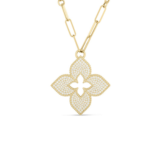 Roberto Coin Venetian Princess Classic Flower Long Necklace Pavé Diamond, Large in 18K yellow gold