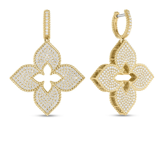 Roberto Coin Venetian Princess Flower Drop Earrings Pavé Diamond, Large in 18K yellow gold, side view
