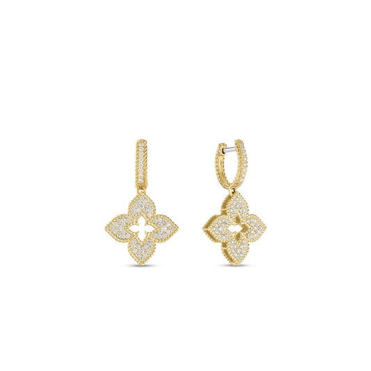 Roberto Coin Venetian Princess Classic Flower Drop Earrings Pavé Diamond in 18K yellow gold