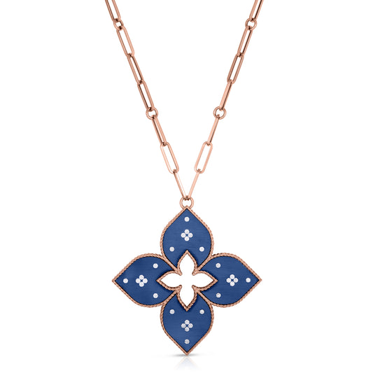 Roberto Coin Venetian Princess Large Classic Flower Long Necklace Diamond, Titanium Blue in 18K rose gold