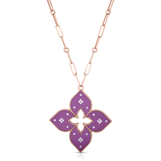 Roberto Coin Venetian Princess Large Classic Flower Long Necklace Diamond, Titanium Purple in 18K rose gold