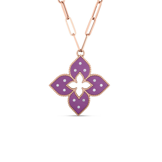 Roberto Coin Venetian Princess Classic Flower Long Necklace Diamond, Titanium Purple in 18K rose gold
