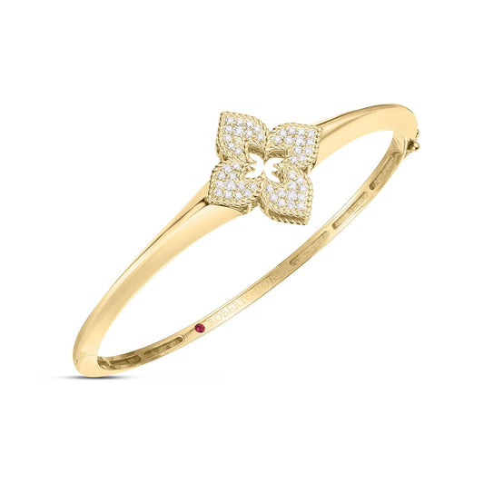 Roberto Coin Venetian Princess Flower Knife Edge Bangle Pavé Diamond in 18K yellow gold