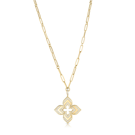 Roberto Coin Venetian Princess Outline Flower Long Necklace Diamond in 18K yellow gold