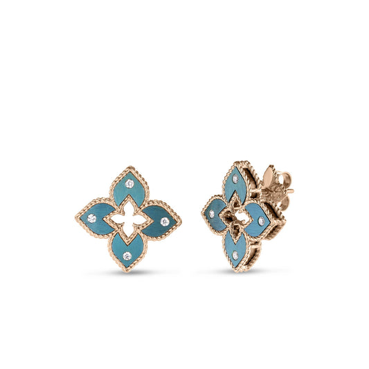 Roberto Coin Venetian Princess Classic Flower Stud Earrings Diamond, Titanium Green in 18K rose gold