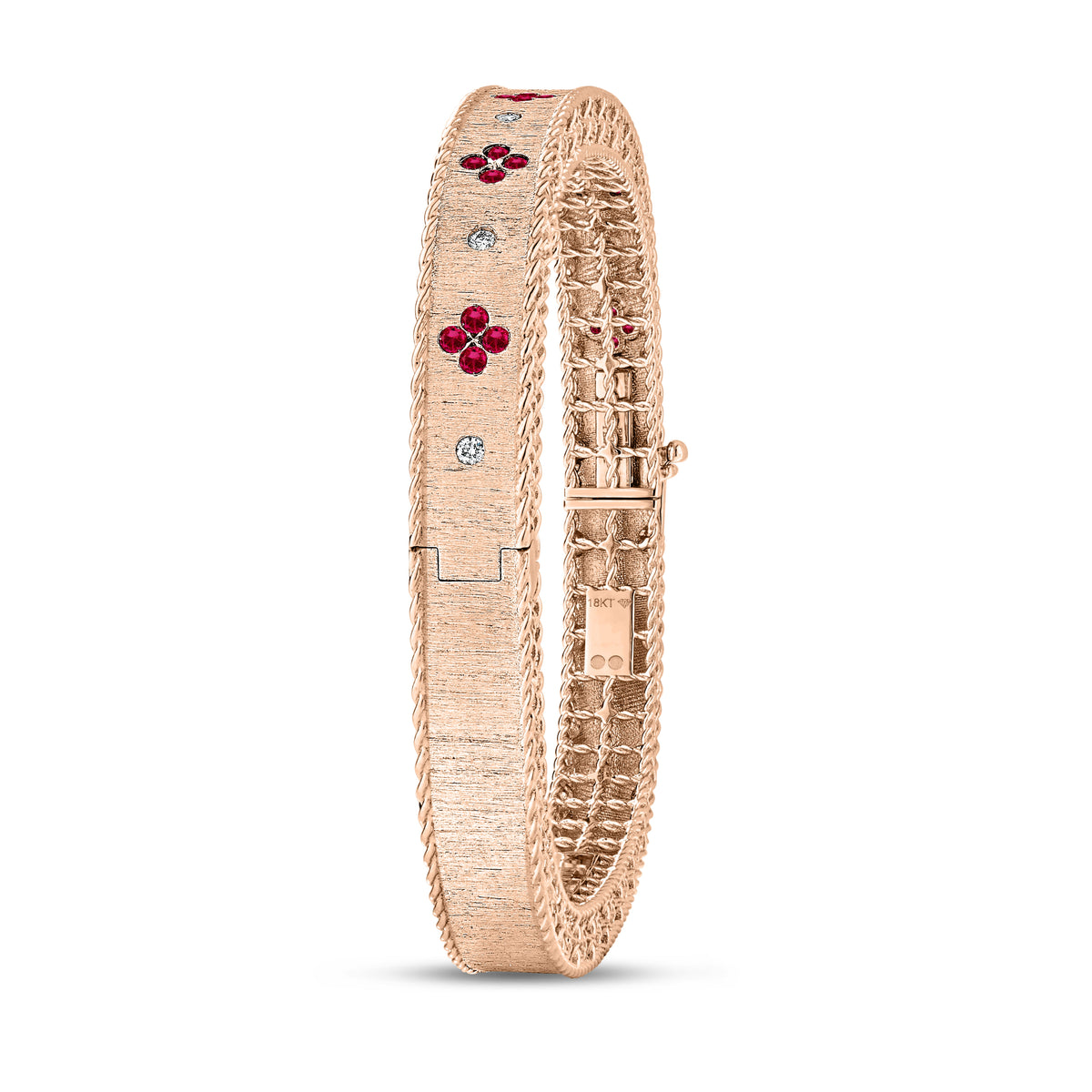 Roberto Coin Princess Square Bangle with ruby and diamond in 18K rose gold, side view