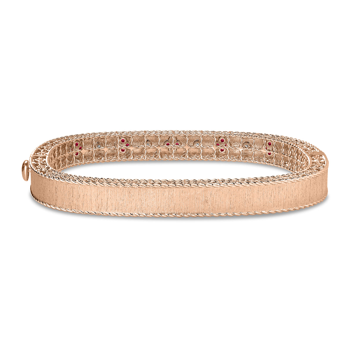 Roberto Coin Princess Square Bangle with ruby and diamond in 18K rose gold, back view