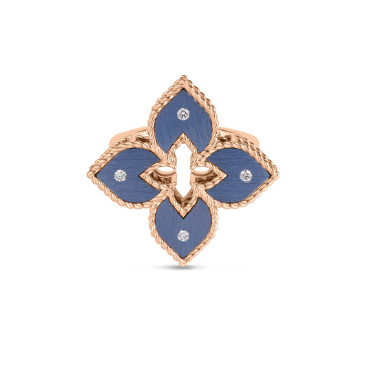 Roberto Coin Venetian Princess Classic Flower Ring Diamond, Titanium Blue in 18K rose gold