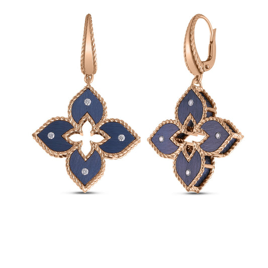 Roberto Coin Venetian Princess Classic Flower Drop Earrings Diamond, Titanium Blue in 18K rose gold