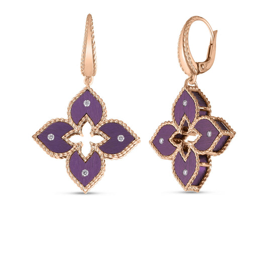 Roberto Coin Venetian Princess Classic Flower Drop Earrings Diamond, Titanium Purple in 18K rose gold, back view