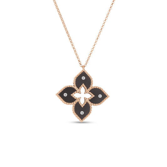 Roberto Coin Venetian Princess Classic Flower Necklace Diamond, Titanium Gray in 18K rose gold