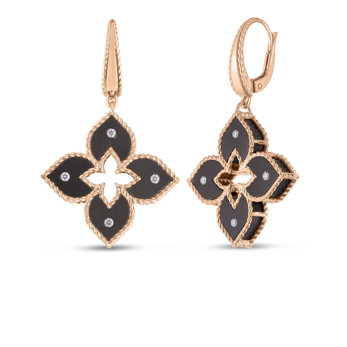 Roberto Coin Venetian Princess Classic Flower Drop Earrings Diamond, Titanium Gray in 18K rose gold