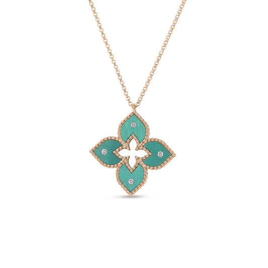 Roberto Coin Venetian Princess Classic Flower Necklace Diamond, Titanium Green in 18K rose gold